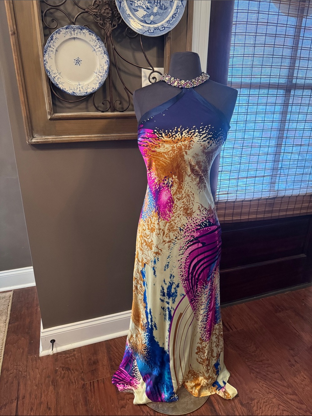 Multicolor Halter-Neck Maxi Dress with Embellished Collar